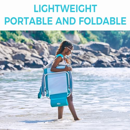 #WEJOY Folding Beach Chair for Adults, 4-Position Aluminum Lightweight Beach Chair, Low Beach Chairs with Shoulder Strap, Cup Holder and Padded Headrest, Supports 265lbs for Beach Lawn, Cyan