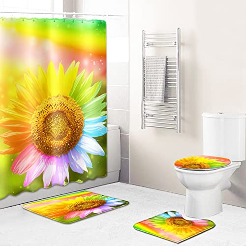 Duschvorhang Bunte Sonnenblume Badezimmerteppich 4-Teiliges Set, Duschvorhang 180x180 Polyester+Badematte rutschfeste…