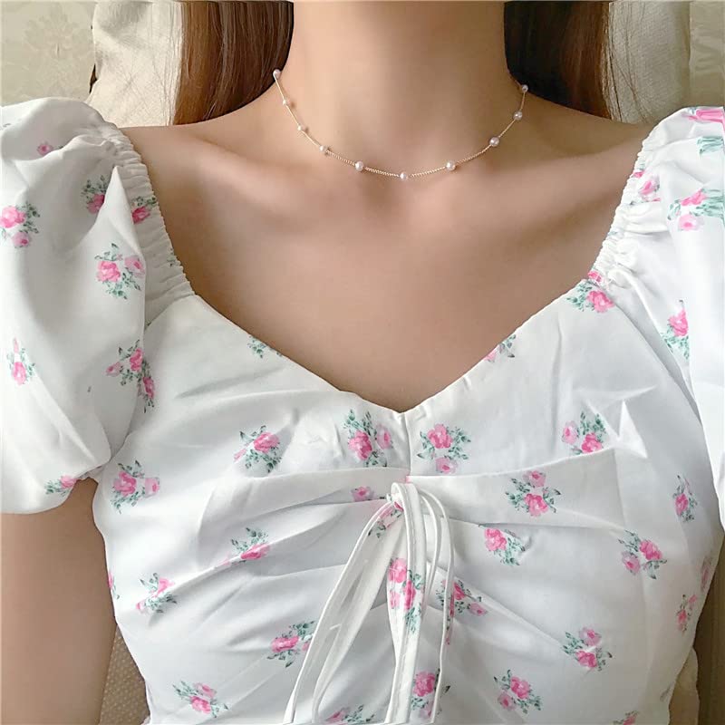 Pearl Choker Necklace for Women,18k Gold Tiny Chain Dainty Charm Adjustable Aesthetic Pearl Necklace3