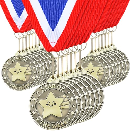 Remuuly 30 Pcs 30/60/100 Pcs Super Star Award Medals Hero Stuent Medals Bulk 2'' Gold Award Medallion with Neck Ribbon Metal Trophy Prize Gifts for Competition Party Favor Supplies (Star of the Week)