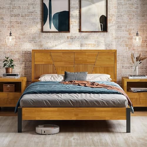 Image of Bme Trapeze Queen Bed Frame - Modern Solid Wood Bed with Smooth Pattern Headboard, Black Metal Legs, Teak Brown Finish - Durable Queen Size Platform Bed for Contemporary Bedrooms