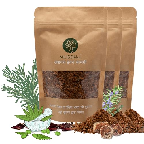 Mugdh Ashtagandha Hawan Samagri - Pack of 3, 600 GMS | Zero Chemical, Natural Ingredients with Pure Essential Oil | Herbs sourced from Himalayas, Southern Indian and Nepal | Hawan Kund Dhoop