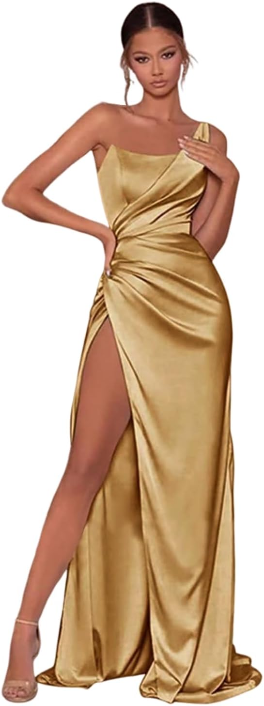Women's One Shoulder Satin Prom Dresses Long Pleated Bridesmaid Dresses with Slit Formal Evening Gowns