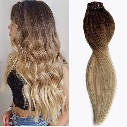 Clip In Extensions Human Hair Double Weft 14 Inch 100g Ash Brown Omber To Blonde Silky Straight Soft and Healthy for Women Flat End Clip On Hair Extensions 20 Clips 8 Piece