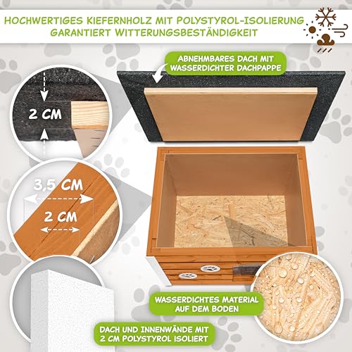 Outentin Hundehütte Outdoor Winterfest - Hundehaus für Mittelgroße Hund - Isoliert und Wetterfest - Hunde Haus für Draußen mit zum Öffnen Flachdach - Stabile und Moderne Villa - 76 x 60 x 60cm -Eiche