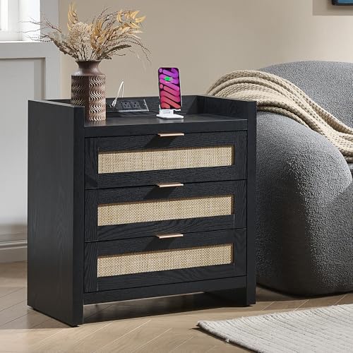 Image of SICOTAS Nightstands Set of 2 Bedside Table - Larger Rattan Night Stand with Type-C Charging Station, 3 Drawers Storage - Boho Tall Night Stands End Table for Bedroom Office - Black Oak