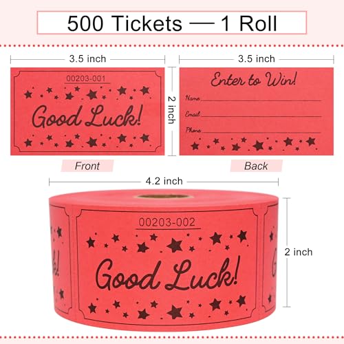 ESSENTIAL 500 Raffle Tickets, Good Luck Raffle Cards, Entry Form with Name, Phone & Email for Raffle, Events, Entry, Class Reward & Door Prize - 5 Color Selection (Red)