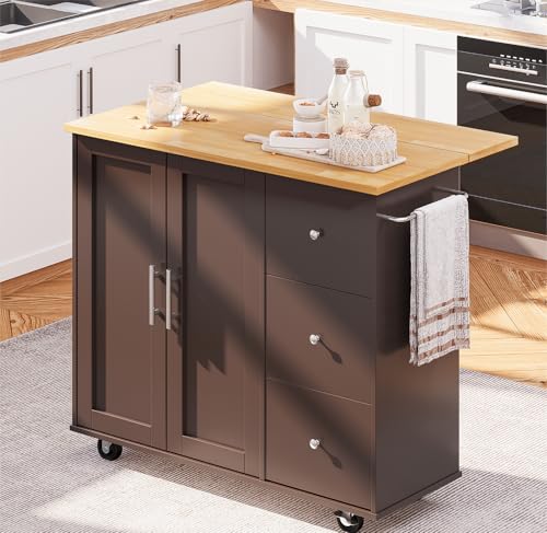 Image of SUNLEI Kitchen Island with Storage Cabinet, Rolling Kitchen Table with Foldable Drop Leaf, Kitchen Island Cart on Wheels with Handle for Towel, Portable Islands for Kitchen (Brown, 39.7-INCH)