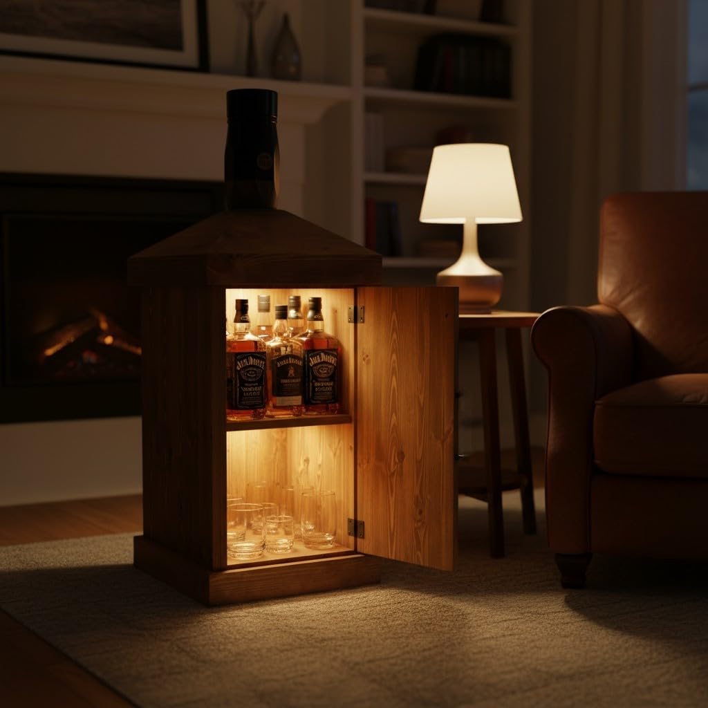 weeco Barschrank aus massivem Kiefernholz, Whiskyflaschen-Design, Braun, Rustikal, mit LED-Beleuchtung, Hausbar, 110 × 50 × 50 cm