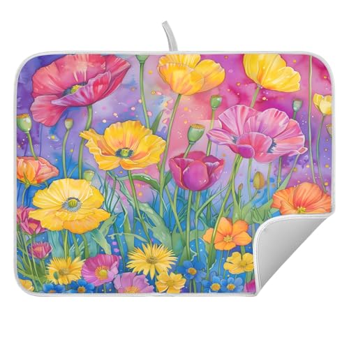 Watercolor Flowers Dish Drying Mat Dishes Pad Absorbent Fast Dry Dish Drainer Mat Protector for Kitchen Counter 16x18 Inches