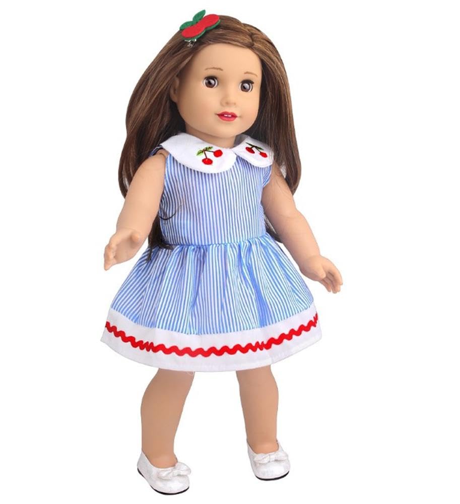 NIXNUT Doll Clothes Dress Striped Pattern Summer Clothing for American Girl Doll 18-inch with Cherry Decoration - Image 4