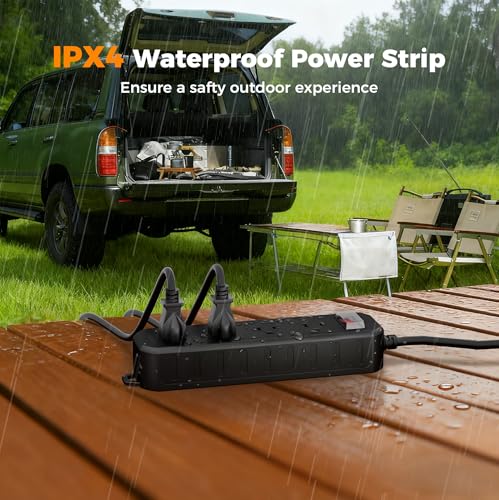 Image of TESSAN Outdoor Power Strip Weatherproof, 6FT Extension Cord Waterproof | 4 Outlets 1 Switch, Surge Protector 1700J, Wall Mountable for Home Office and Patio Christmas Lights, Black