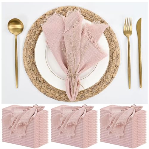 60 Pack Pink Cotton Linen Napkins - 16 x 16 Inch Soft Handmade Fringe Napkins for Wedding Party Dinner Table