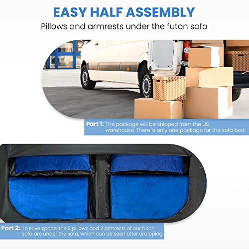 Dklgg Blue Futon Sofa Bed, Velvet Convertible Sofa Couch Sleeper With Wood Legs & 2 Pillows, Upholstered Loveseat For Small Spaces Living Room Bedroom Furniture, 3 Adjustable Positions, Easy Assembly #TOP4