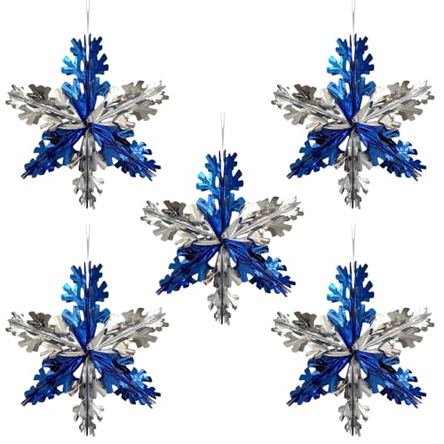 EDLMKM 5 Pack Christmas Hanging Decorations Christmas Foil Hanging Decoration 3D Star Snowflake Stars Ornament for Xmas New Year Party Supplies Xmas Decor
