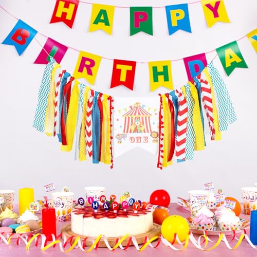 Image of Circus Carnival First Birthday Highchair Banner - Pre-strung Reusable Burlap & Satin Garland for Cake Smash Photos, Boys & Girls 1st Birthday Party Decor