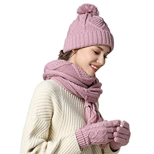 Hat Scarf and Gloves Set for Women - Cable Knit Beanie with Pom, TouchScreen Gloves, Warm Winter Gift, Pink