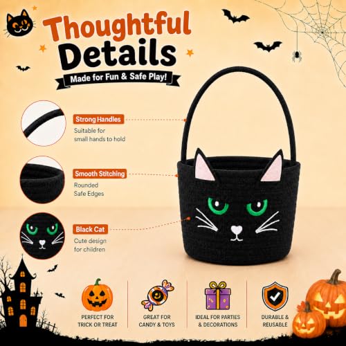 OIAHOMY Halloween Pumpkin Basket with LED Lights - Light Up Trick or Treat Bags for Toddlers & Kids, Soft Woven Cotton Rope Candy Bucket, Cute Reusable Boo Gift Basket for Holiday Party Decor Black - image 3