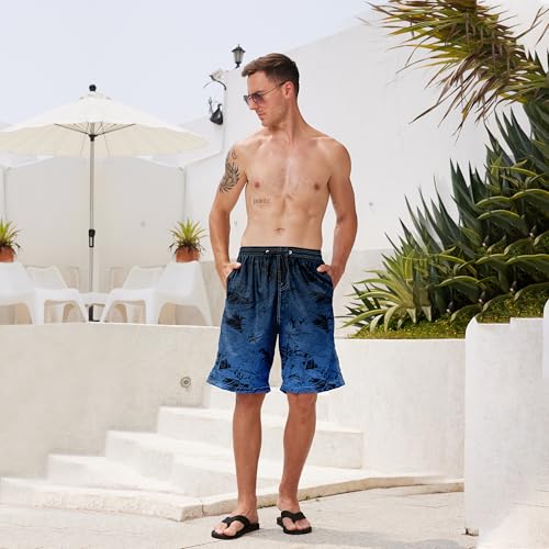 Mens Swim Trunks for Men, Gradient Blue Tropical Leaf Mens Board Shorts Swimwear Bathing Suit with Mesh Lining, Funny Hawaii Quick Dry Beach Shorts for Men Swimming Trunks, Medium - Thumbnail 6