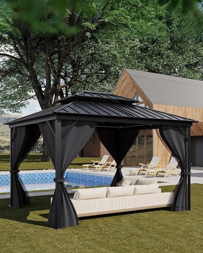 Hardtop Gazebo 12'x14' for All Weather, with Double Metal Roof, Aluminum Alloy Frame, Net, and Curtain, Permanent Building for Patio, Deck, Backyard, Lawn, and Garden, Gray