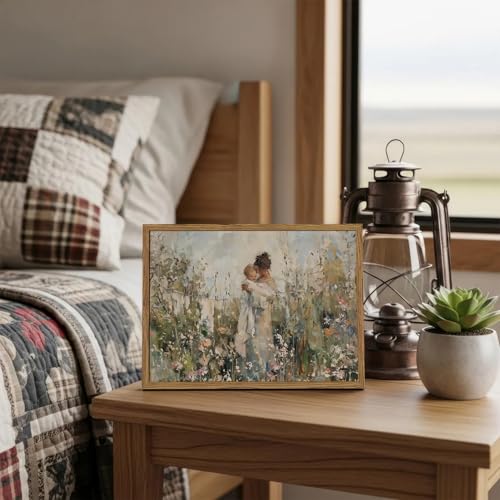Image of Mother Holding Child Wall Art Vintage Motherhood with Baby Wall Decor Painting Cottage Country Nursery Sign Poster Canvas Print for Kids Bedroom Living Room 10x8 inch Wood Framed