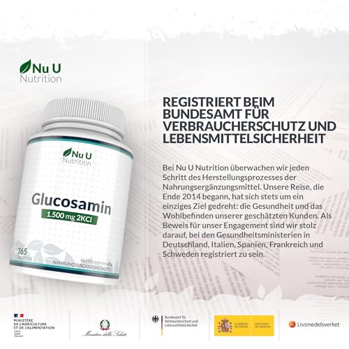 Glucosamin 1500mg 2KCI Hochdosiert - 365 Tabletten - 12 Monate Vorrat - Versorgung für ein Jahr - Nu U Nutrition
