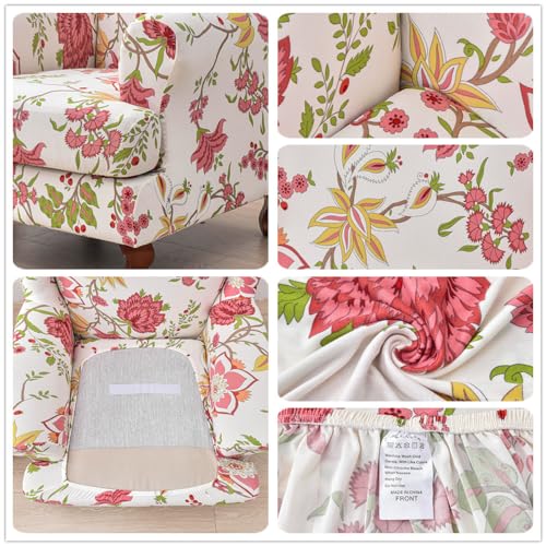 Fundas de sillón orejero pack de 2 en elastano lavable con estampado de rama de flor roja 6