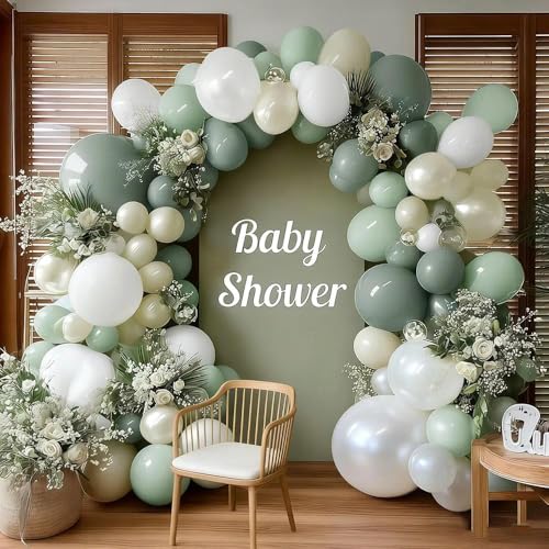 Sage Green White Balloon Garland, Double Stuffed Dusty Green Sand White Pearl Balloons Pastel Balloon Arch Kit for Baby Shower Birthday Bridal Wedding Gender Reveal Easter Party Decorations