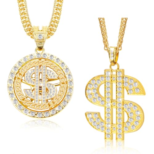 Gold Chain with Dollar Sign, Fake Gold Chain, Money Chain Necklace for Men Women Gold Plated Stainless Steel Jewelry Fashion Pendants for 70s 80s 90s Hip Hop Rapper Costume Accessories