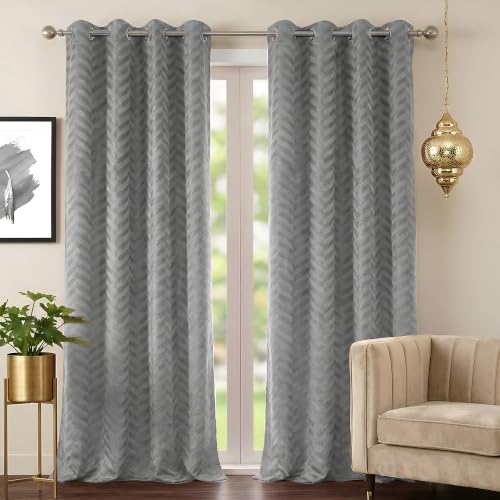 Image of 100% Light Block Curtains 8 Feet 2 Piece, Light Grey | Embossed Panels Room Darkening Mild Thermal Insulated & Noise Reducing Curtains (Light Grey, 96 Inch)