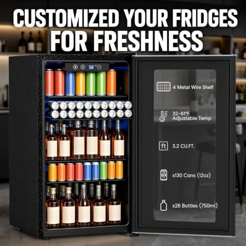 Image of COWSAR 3.2 Cu. Ft. Beverage Refrigerator, Up to 130 Cans or 26 Bottles | Electronic controls with an LED display adjust cooling from 32-61F, while the glass door keeps drinks easy to view.