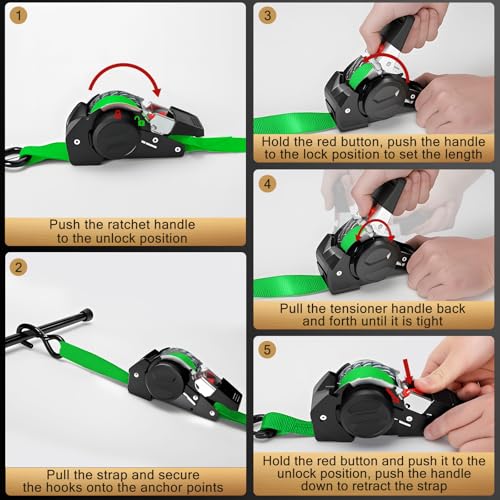 Image of Retractable Ratchet Straps (4-Pack) - 1 in x 10 Ft (1800 LB Break Strength) Heavy Duty Self Retracting Ratchet Straps with Soft Loops & Storage Bag for Household, Motorcycle, Truck, ATV(Green)