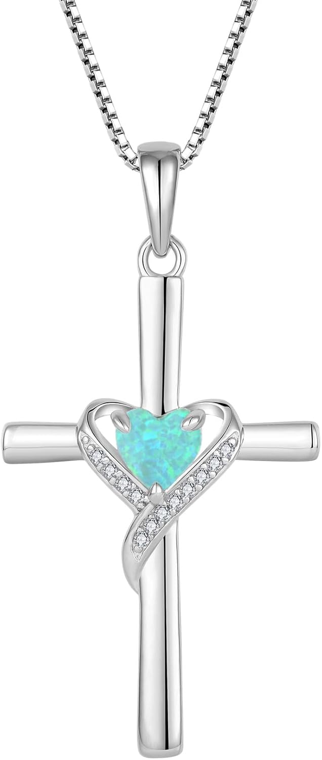 Opal Cross Necklace or Women 925 Sterling Silver Heart Cross Pendant Necklace Birthday Christmas Jewelry