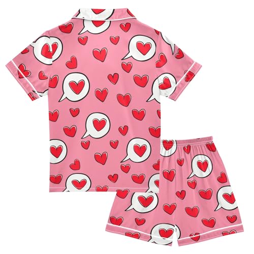 Cartoon Simple Red Heart Shape Prints Summer Satin Pajama Set, Cute Button-Down Sleepwear Pj Set for Sleep Wears2