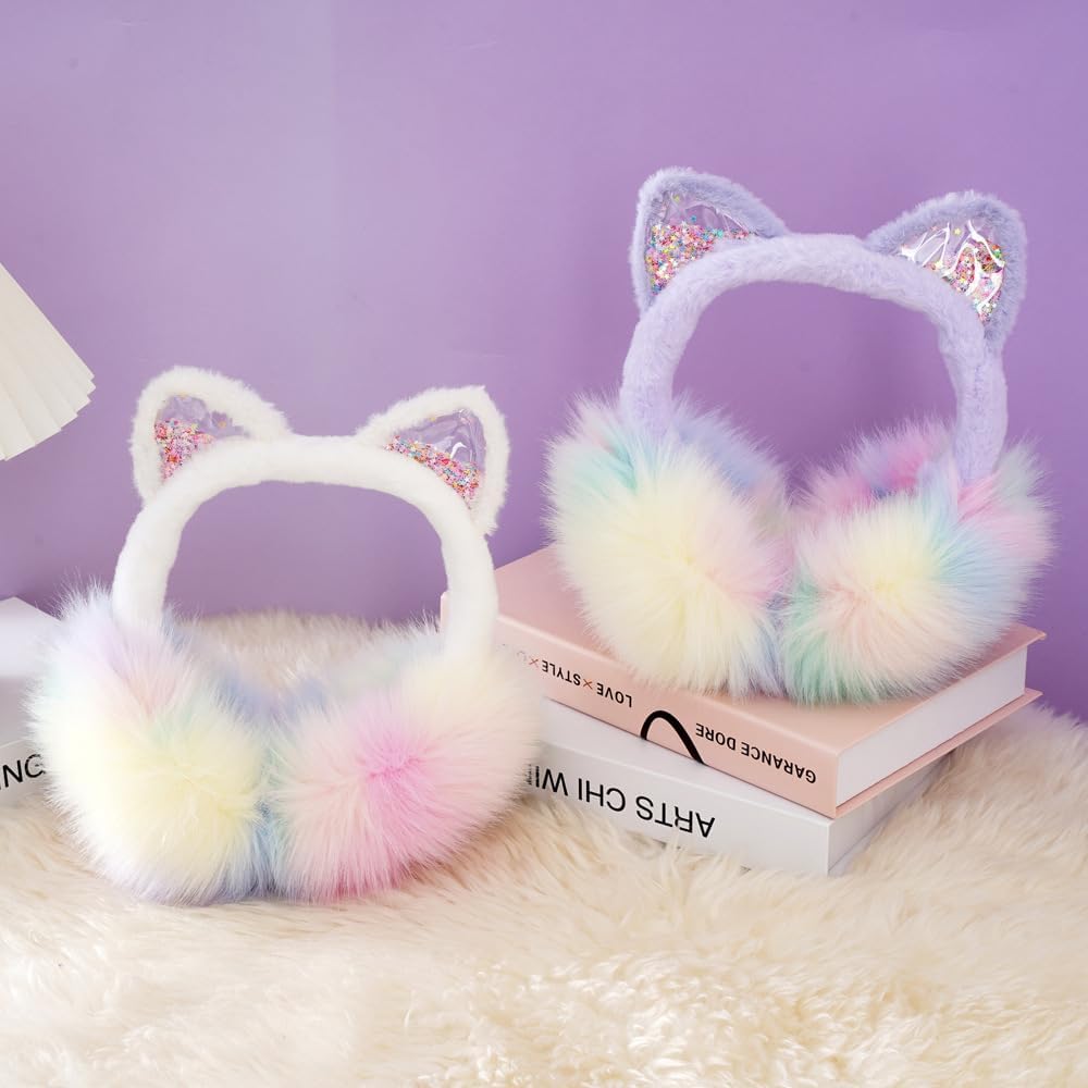 Cute Cat Earmuffs for Girls Sequin Shinny Ear Warmers Soft Plush Winter Earmuff Covers for Outdoor Winter - Image 6