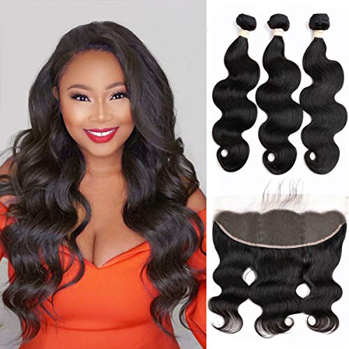 Beauhair Body Wave Bundles with Frontal Human Hair Bundles with Lace Frontal (24 24 24+22, Natural Black) Brazilian Body Wave Hair Virgin Hair Ear to Ear 13x4 Frontal Closure with 3 Bundles