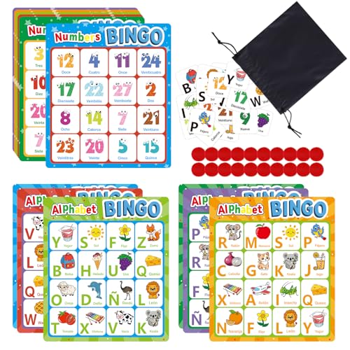 Edumix Spanish Alphabet Bingo Game Letter&Number Sight Word Bingo Board Games for Kids ABC and 123 Learning Toys for Kindergarten Toddler Preschool Learning Activities Family Matching Games