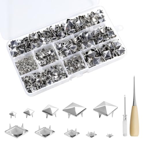 Lohoee 700Pcs 4mm/6mm/8mm/10mm/12mm Square Pyramid Studs Silver Punk Metal Spike Studs for Clothing Bag Leather Shoes Dog Collar Accessories