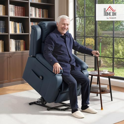 HOMCOM Sillón Relax Eléctrico Reclinable Levanta Personas, Sillón Elevador, con Respaldo Alto, Control Remoto, Reposapiés, Acolchado Grueso, Tapizado en PU, Bolsillos Laterales, Azul Oscuro - imagen 2