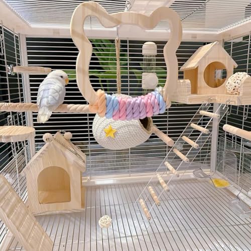 Image of Gradient Large Wooden Bird Swing with Colorful Cotton Rope for Bird Cages - Natural Hanging Toy for Medium-Large Birds Like Parrots Macaws Cockatoos African Greys