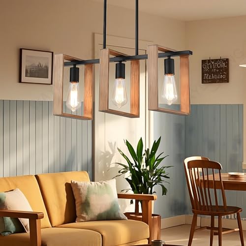 Éclairage D'Îlot De Cuisine Moderne, 3 Lumières L60cm, De Hauteur Réglable Pour Salle À Manger, Lustre En Bois Rustique Pour Cuisine, Lampes De Table De Billard, Corps Noir E27 (Ampoules Non Incluses)