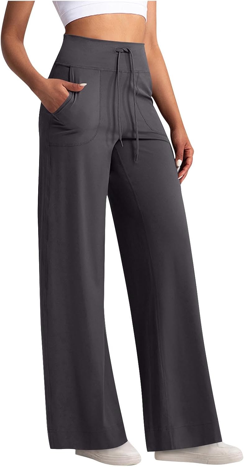 Women Casual Pants Wide Leg High Waist Solid Palazzo Summer Fall Trendy Pant Loose Drawstring Sport Beach Clothes