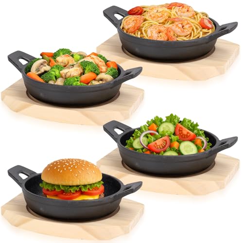 Juego de 4 cuencos para servir de hierro fundido con tabla de madera, sartenes de hierro fundido para Fajitas Omelette Tapas, sartén pequeña con 2 asas laterales para hornos, barbacoa e inducción