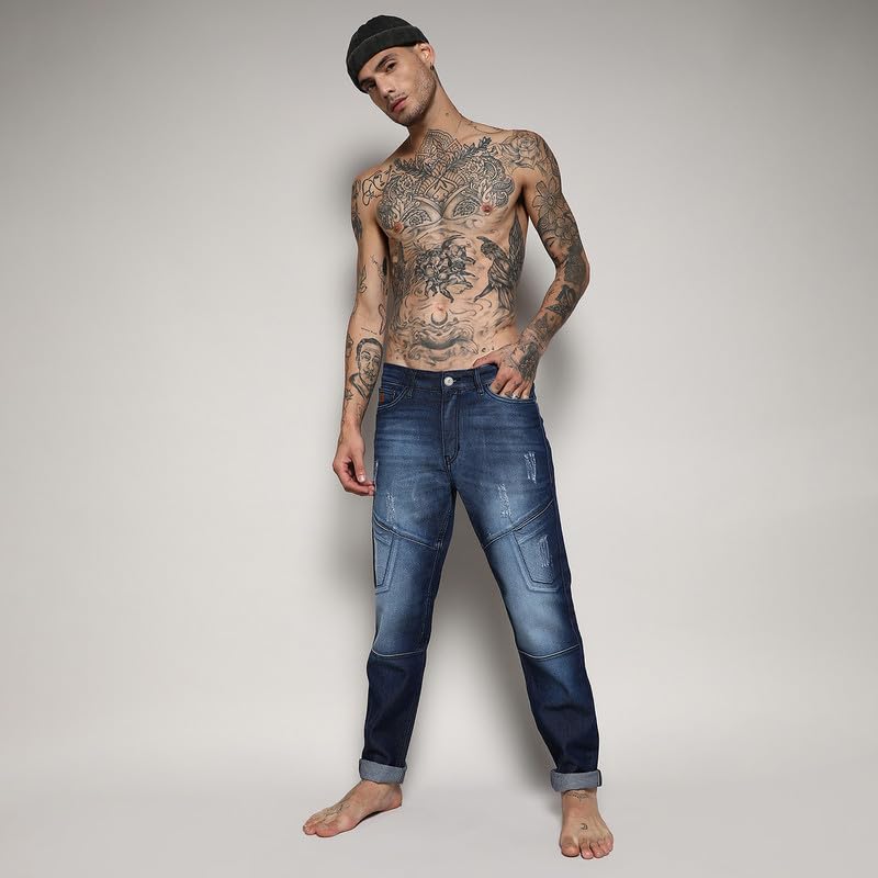 Image of Campus Sutra Men's Blue Self-Design Patched Denim Jeans for Casual Wear | Dark-Wash | Regular Fit | Button Closure | Cotton Mid Rise Denim Jeans Crafted with Comfort Fit for Everyday Wear, 28