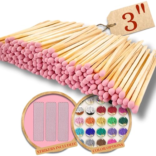 Image of 500 Count - 3 inch Long Pink Color Matches | Three Inch Coloful Loose Wooden Safety Match Sticks for Candle Display | Refill Decorative Jar Holder Bottle | Striker Includedf