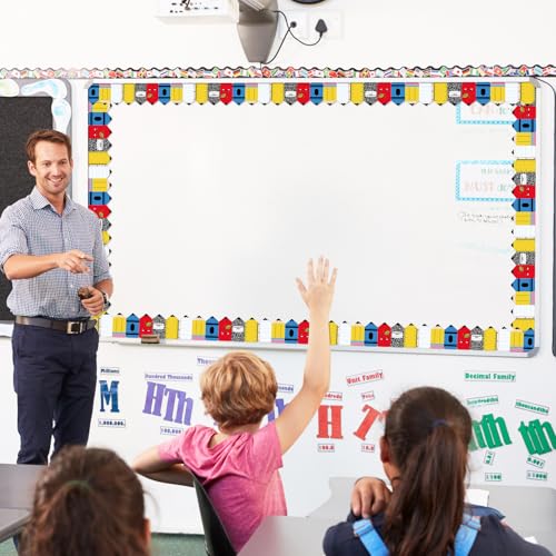 Image of Whaline 65.6Ft Back to School Pencil Bulletin Board Border Composition Notebook Apples Crayon Die Cut Trim Border Roll for First Day of School Classroom Office Chalkboard Decor