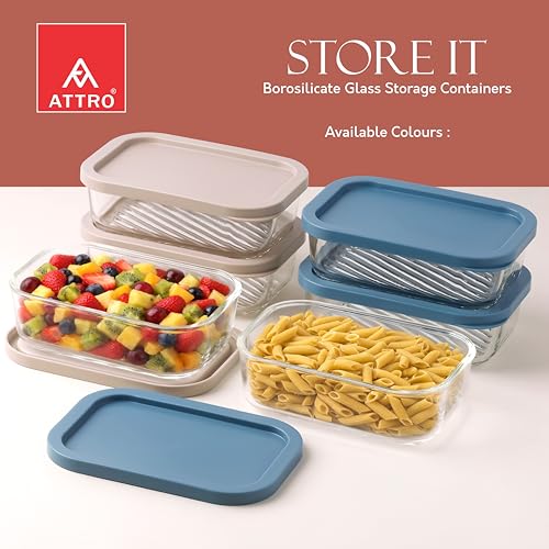 Image of ATTRO Storeit Borosilicate Glass Storage Containers - 520ml, Set of 3, Transparent & Stackable with PE Lids, Microwave, Fridge & Dishwasher Safe, Ideal for Kitchen & Leftovers- Ivory