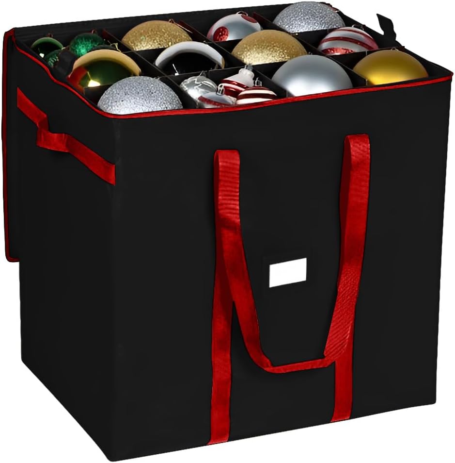 Christmas Extra Large Ornament Storage Container - Box Stores Up to 48 – 6” Ornaments – With 4 Individual Trays -Heavy Duty 600D Tear Resistant Material, Zippered, Adjustable Dividers - Black 48 6" Ornaments Black