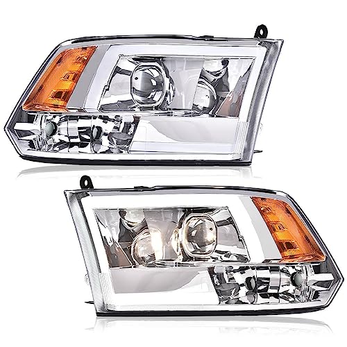 Image of GRAND ORANGE LED DRL Headlights Assembly Compatible with Dodge Ram 1500 2500 3500 2009-2012 Left & Right Head Lamps Clear Lens Chrome Housing Amber Reflector