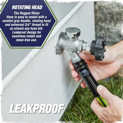 Rugged Rhino Heavy Duty Flexible Light Weight Garden Hose, 50ft x 5/8in, 4 Layer Leakproof Outdoor Gardening Tools, Watering Supplies, Powerful Water Pressure for Lawn, Flowers, Green Black - Thumbnail 4